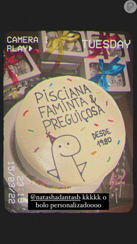 Aniversário de Natasha Dantas: bolo personalizado chamou atenção em festa
