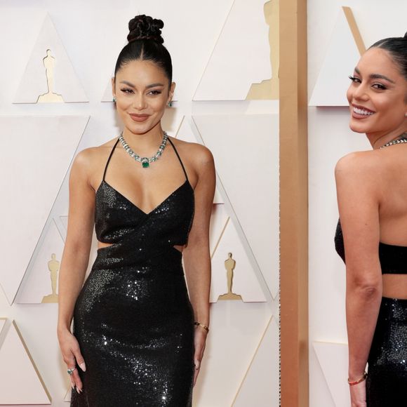 Oscar 2022: Vanessa Hudgens usa vestido com recortes na cintura e joias com esmeraldas