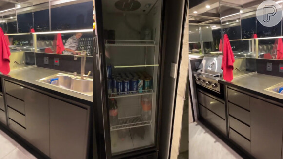 Fora do 'BBB 22', Tiago Abravanel tem cozinha com frigobar e bebidas alcoólicas para receber visitas em apartamento de luxo