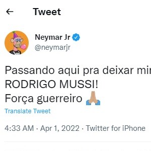 Neymar desejou melhoras a Rodrigo Mussi nas redes sociais