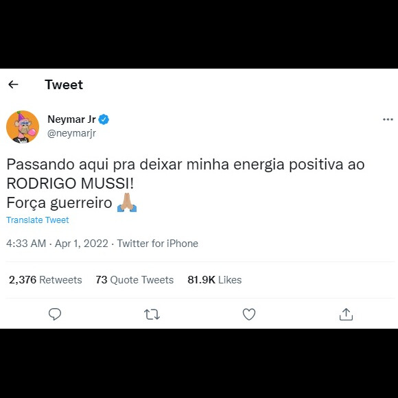 Neymar desejou melhoras a Rodrigo Mussi nas redes sociais