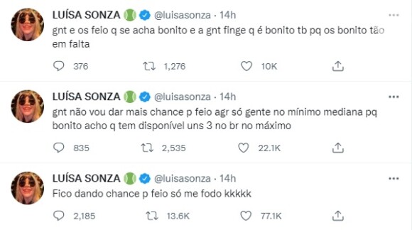 Luísa Sonza reclamou que se prejudica em ficar com feios