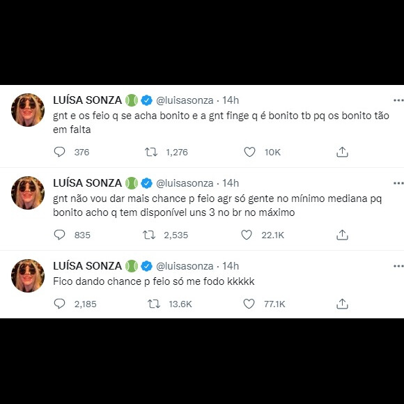 Luísa Sonza reclamou que se prejudica em ficar com feios