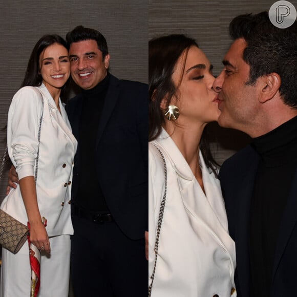 Edu Guedes trocou beijos com a namorada Jaque Ciocci, repórter do Faustão, em evento