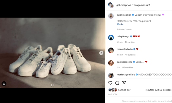 Para anunciar gravidez, Gabriela Proli e Thiago Mansur publicaram uma foto com três pares de sapato: 'Cabem três vidas inteiras'