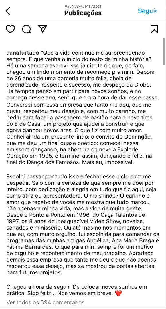 Ana Furtado fez um longo texto sobre sua despedida da Globo