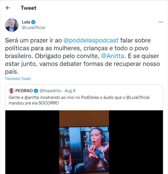 Lula reforçou a fala no Twitter