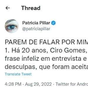 Patricia Pillar explicou que frase de Ciro Gomes já foi perdoada