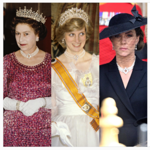 Kate Middleton escolheu um cordão de pérolas que havia sido usado por Rainha Elizabeth II e também Princesa Diana