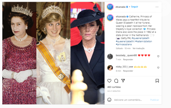 Kate Middleton escolheu um cordão de pérolas que havia sido usado por Rainha Elizabeth II e também Princesa Diana