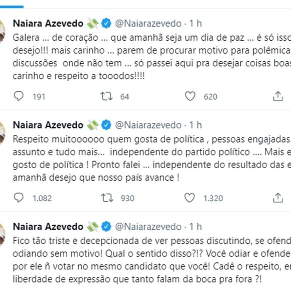 Naiara Azevedo foi muito criticada na web por sua declaração sobre política