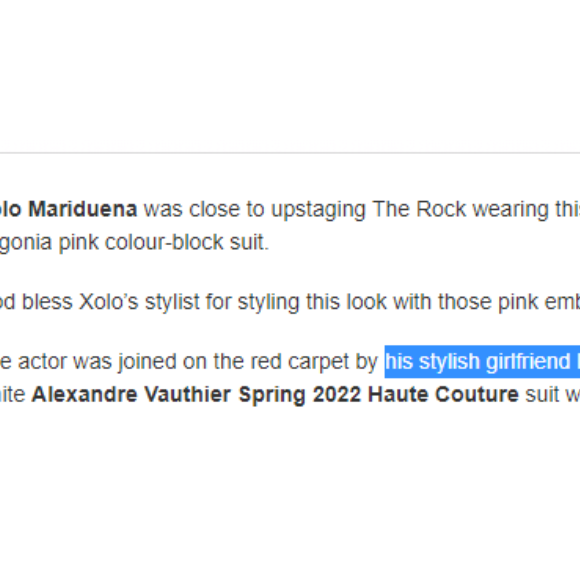 'Xolo Maridueña foi acompanhado no tapete vermelho por sua elegante namorada Bruna Marquezine', disse o site