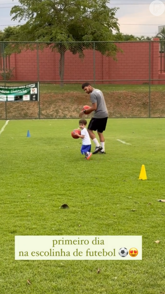 Leo, filho de Marília Mendonça e Murilo Huff, estreou em uma escolinha de futebol nesta quarta-feira (19)