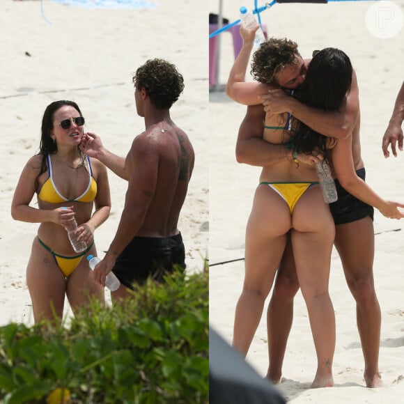 Larissa Manoela ganhou carinho do namorado, André Luiz Frambach, em dia de praia