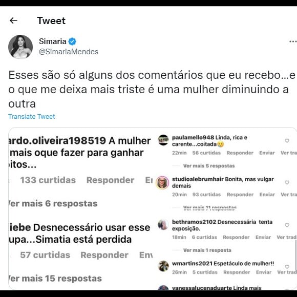 Simaria mostrou algumas críticas recebidas nas redes sociais