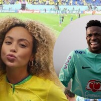Aprovada? Affair de Vini Jr. assiste jogo do Brasil ao lado da família do jogador e fãs pedem: 'Quero foto do casal'