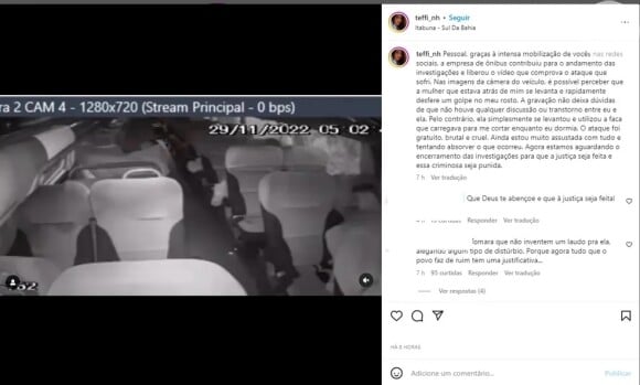 Imagens da câmera de segurança do ônibus mostra o momento em que Stefani Firmo é cortada