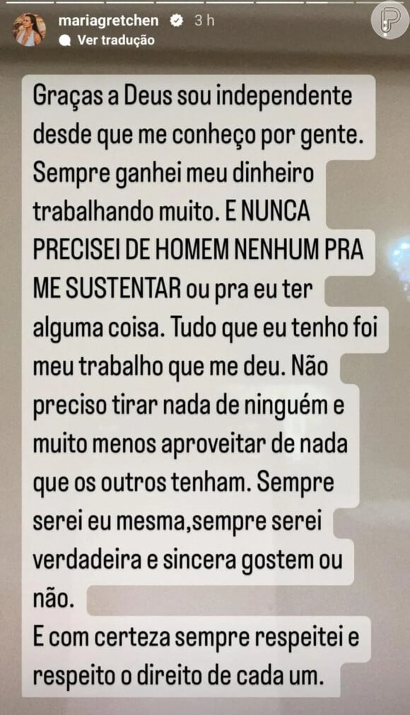 Gretchen rebateu ataque e afirmou que sempre foi autossuficiente