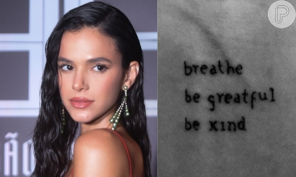 Tatuagem de Bruna Marquezine tem erro de ortografia em inglês; o correto é 'grateful' e não 'greatful'