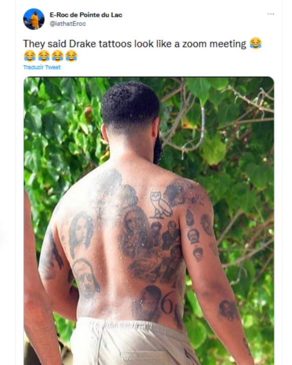 Drake tem tatuagens de diversos rostos pelo corpo; desenhos viraram piada na web e rapper foi comparado a uma reunião de videochamada