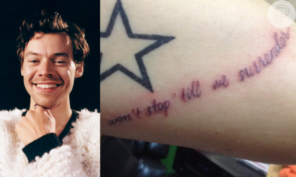 Harry Styles tatuou a letra de uma música, mas trocou uma das palavras. O trecho correto é 'Won't stop to surrender'