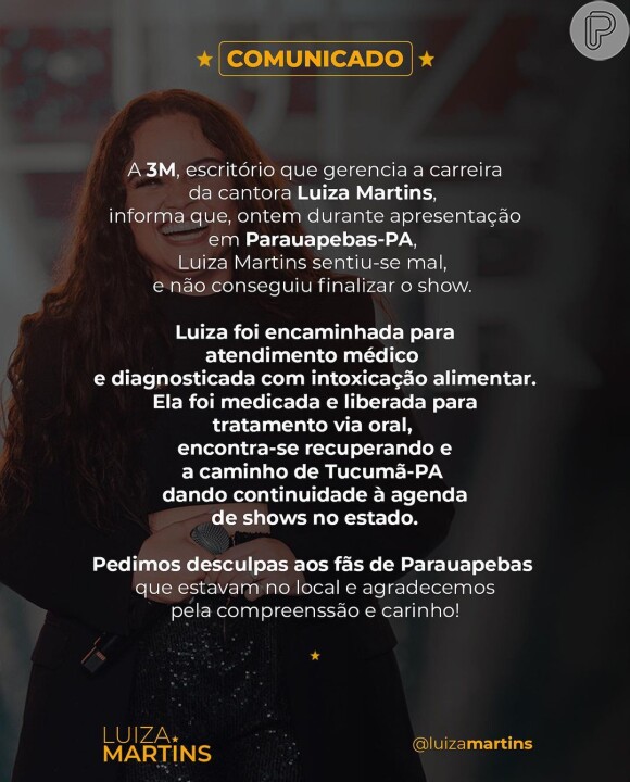 Equipe de Luiza Martins divulgou comunicado sobre estado de saúde da cantora