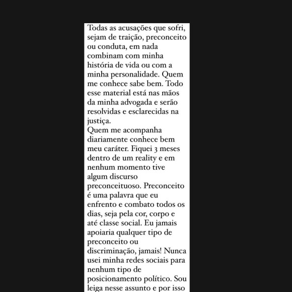 Jojo Todynho também negou todas as acusações feitas por Lucas Souza