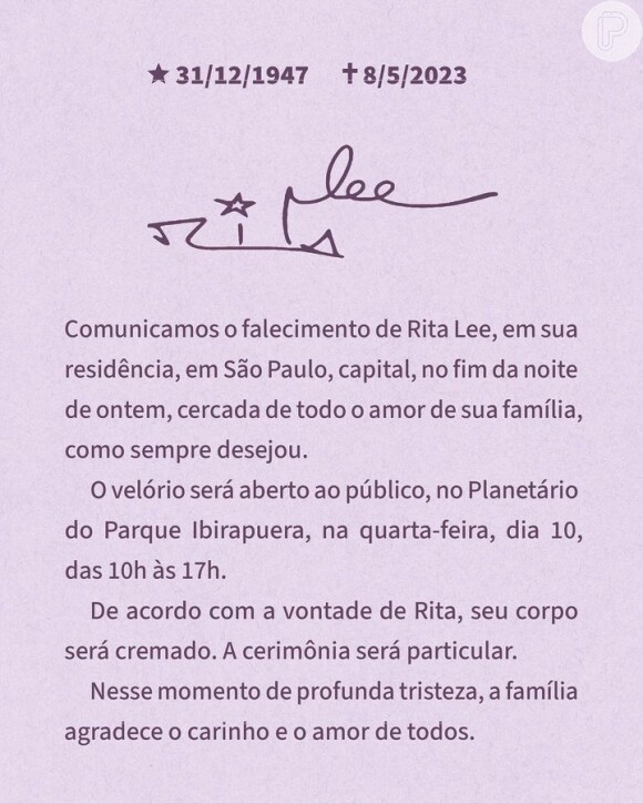Rita Lee morreu em casa, em São Paulo, na noite de 8 de março de 2023