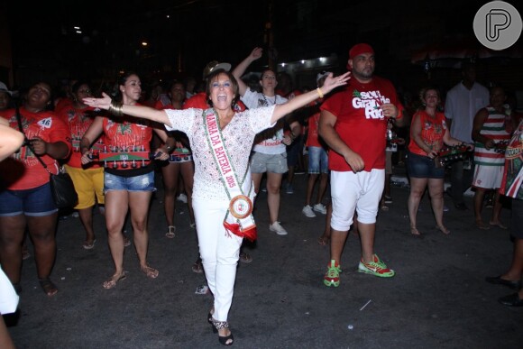 Susana Vieira sambou muito à frente da bateria da Escola de Samba Grande Rio na noite deste domingo, 11 de janeiro de 2015