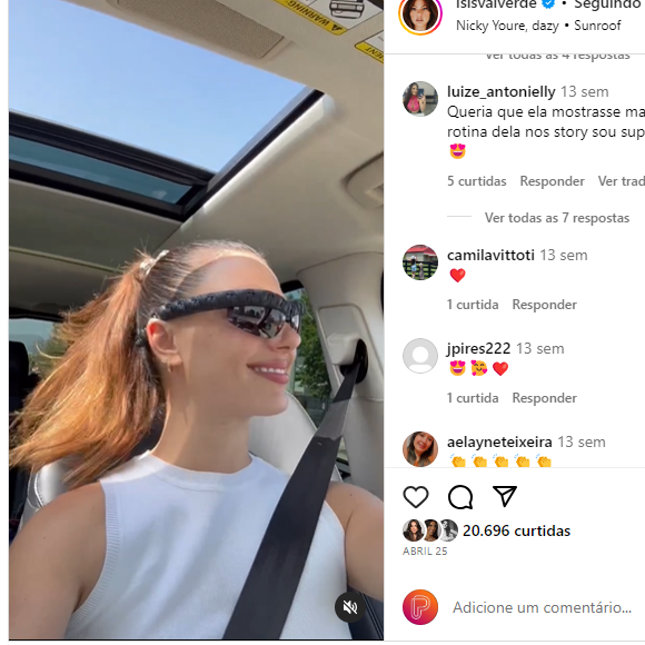 Isis Valverde mostra que anda usando o óculos de sol escuro Bottega Veneta no dia a dia. 