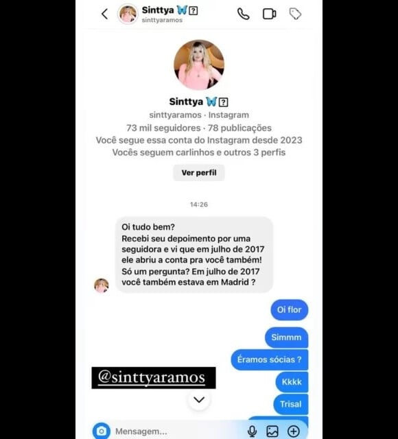 Bruna Miller mostrou conversa com Sinttya Ramos nas redes sociais