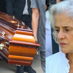 Marieta Severo é vista emocionada após corpo do marido, Aderbal Freire-Filho, ser velado em teatro do Rio de Janeiro