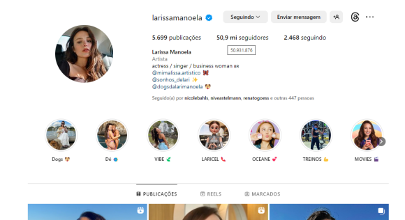 Larissa Manoela conquista o número de 50,9 milhões de seguidores no Instagram 'graças' ao 'Fantástico'.