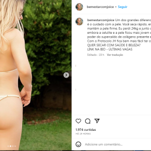 Joice Hasselmann deu o que falar no último domingo (27) ao publicar uma série de fotos de biquíni fio-dental para divulgar seu protocolo de emagrecimento