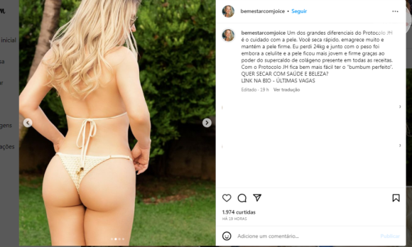 Joice Hasselmann deu o que falar no último domingo (27) ao publicar uma série de fotos de biquíni fio-dental para divulgar seu protocolo de emagrecimento