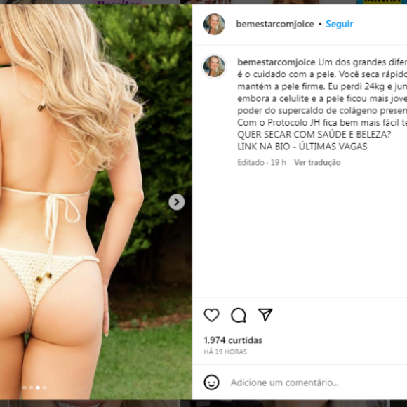 Joice Hasselmann garante que o segredo para o 'bumbum perfeito' é um 'supercaldo de colágeno'