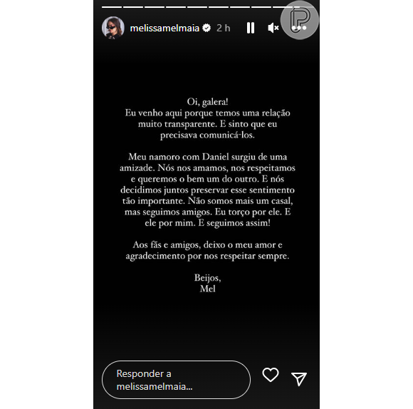 Mel Maia publica anúncio de seu término com MC Daniel no seu perfil no Instagram.