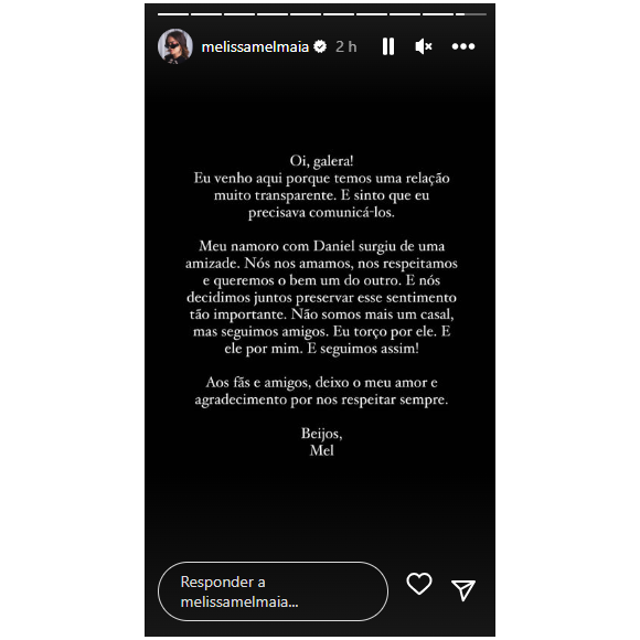 Mel Maia publica anúncio de seu término com MC Daniel no seu perfil no Instagram.