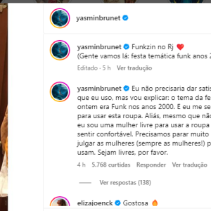 Yasmin Bruneta após curtir o aniversário de Pocah fez um textão para os haters que estavam mandando criticas a sua roupa