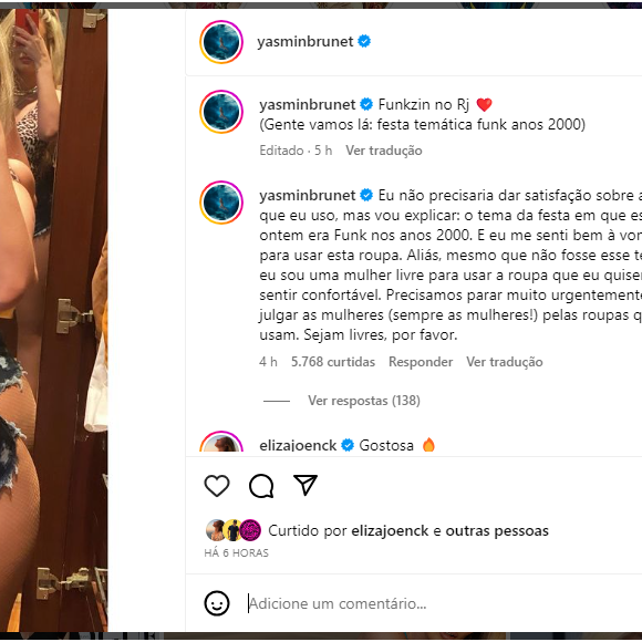 Yasmin Bruneta após curtir o aniversário de Pocah fez um textão para os haters que estavam mandando criticas a sua roupa