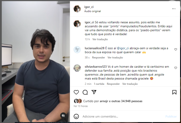 Igor Camargo foi elogiado nas redes sociais por pessoas que estão contra Graciele Lacerda