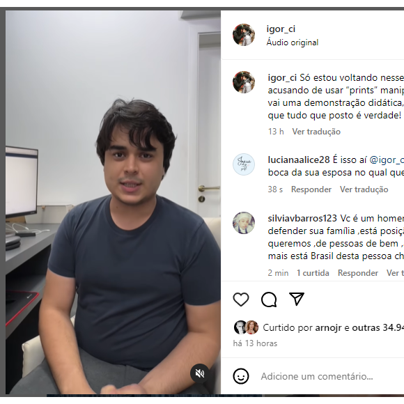 Igor Camargo foi elogiado nas redes sociais por pessoas que estão contra Graciele Lacerda