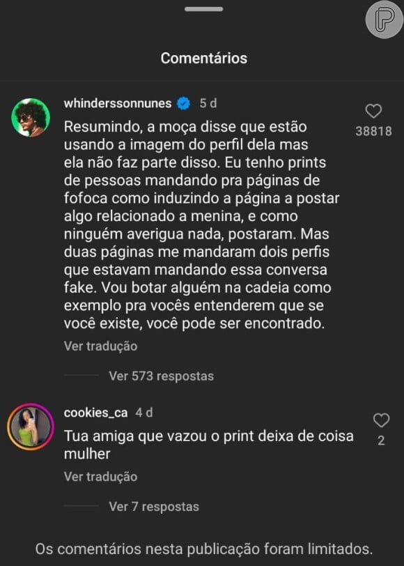 Whindersson Nunes comenta em perfil de fofoca antes de trágica morte acontecer