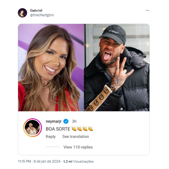 Neymar desejou 'Boa Sorte' para candidata do 'Puxadinho' entrar no 'BBB 24'