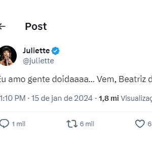 Juliette já mostrou que gosta de Beatriz Reis do 'BBB 24' e seus fãs aprovaram a escolha da ídola