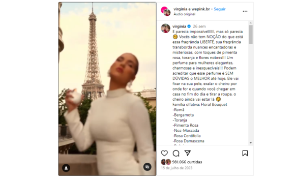 Virgínia Fonseca anunciou, em julho do ano passado, um perfume chamado Liberté. Para promover o lançamento, a jovem realizou um Photoshoot em Paris, diante da Torre Eiffel