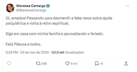 Wanessa Camargo: outro rumor sobre a cantora que circulou nos últimos dias é que ela deve recorrer a um retiro espiritual. A popstar também negou esta informação