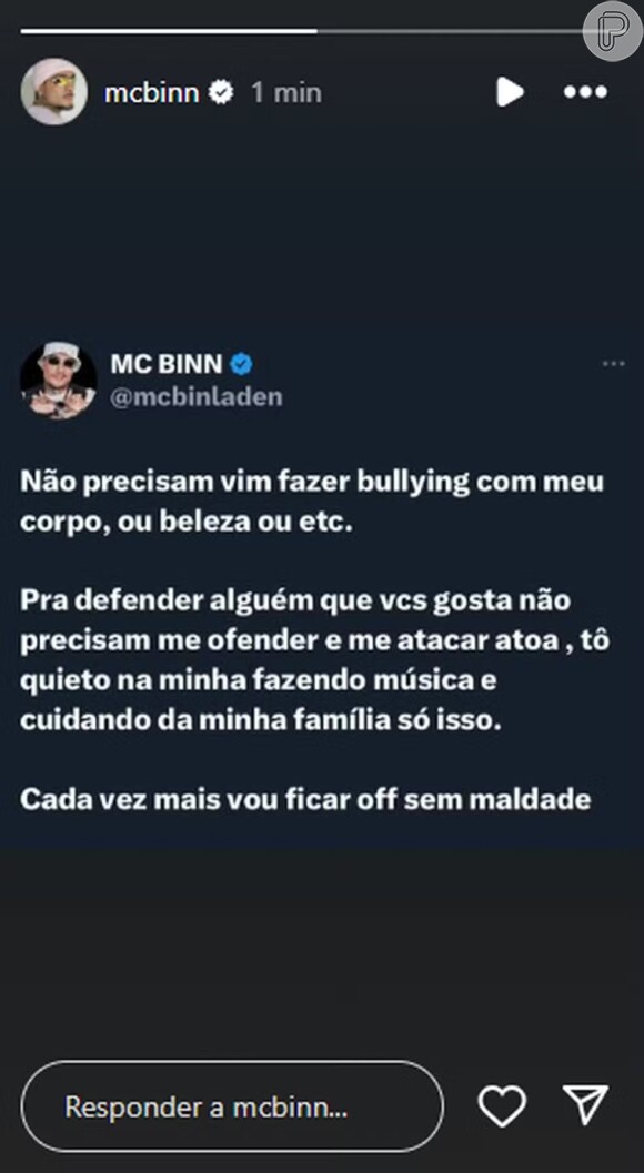 MC Binn desabafa na web: 'não precisam fazer bullying com meu corpo'