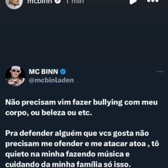 MC Binn desabafa na web: 'não precisam fazer bullying com meu corpo'