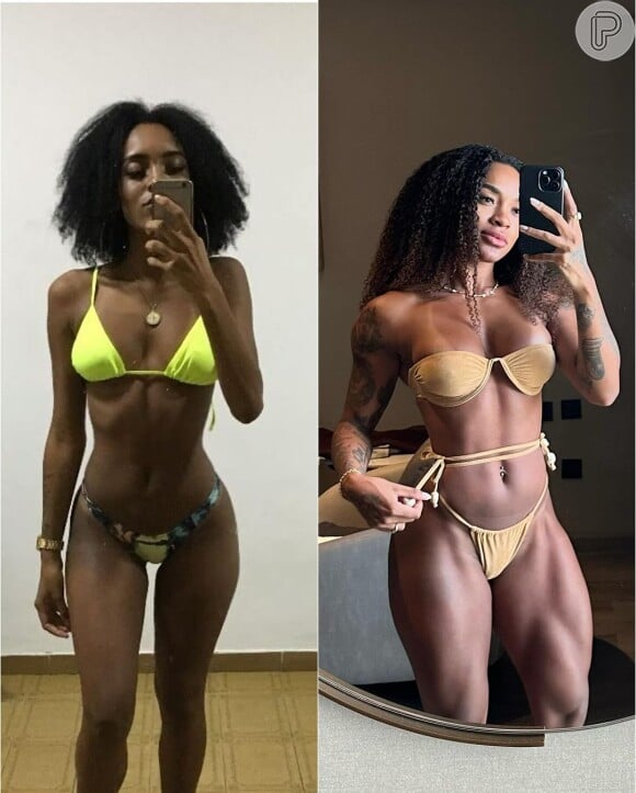 Patrícia Ramos compartilhou seu antes e depois: na primeira foto, ela pesava 50 kg; na segunda, 75